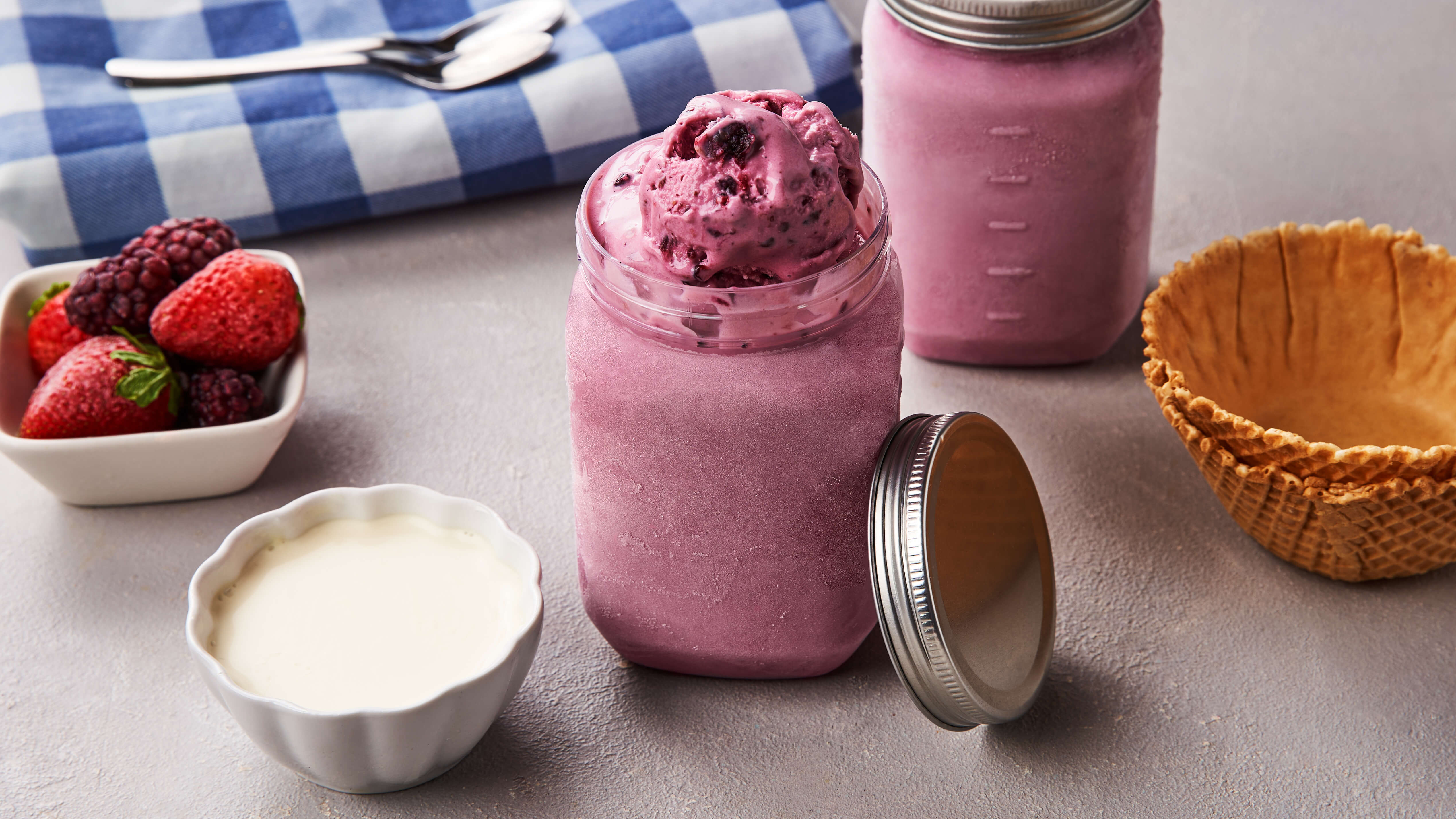 Mason jar filled with a berry ice cream