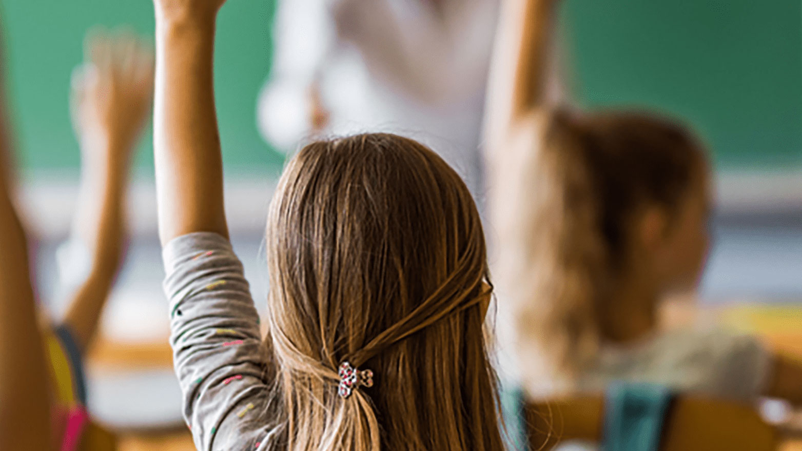 Elementary schoolchildren raise their hands in a classroom