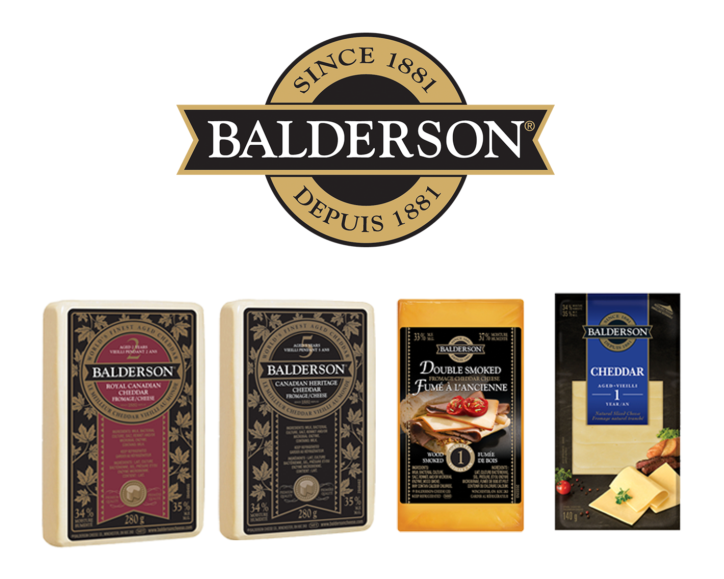 Five bricks of Balderson Cheese are lined up against a white background.