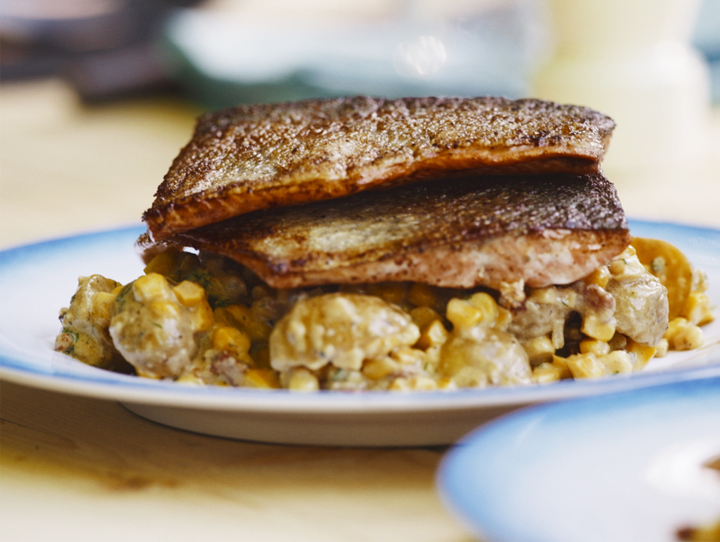 Buttery Trout with Creamy Corn & Bacon Chowder